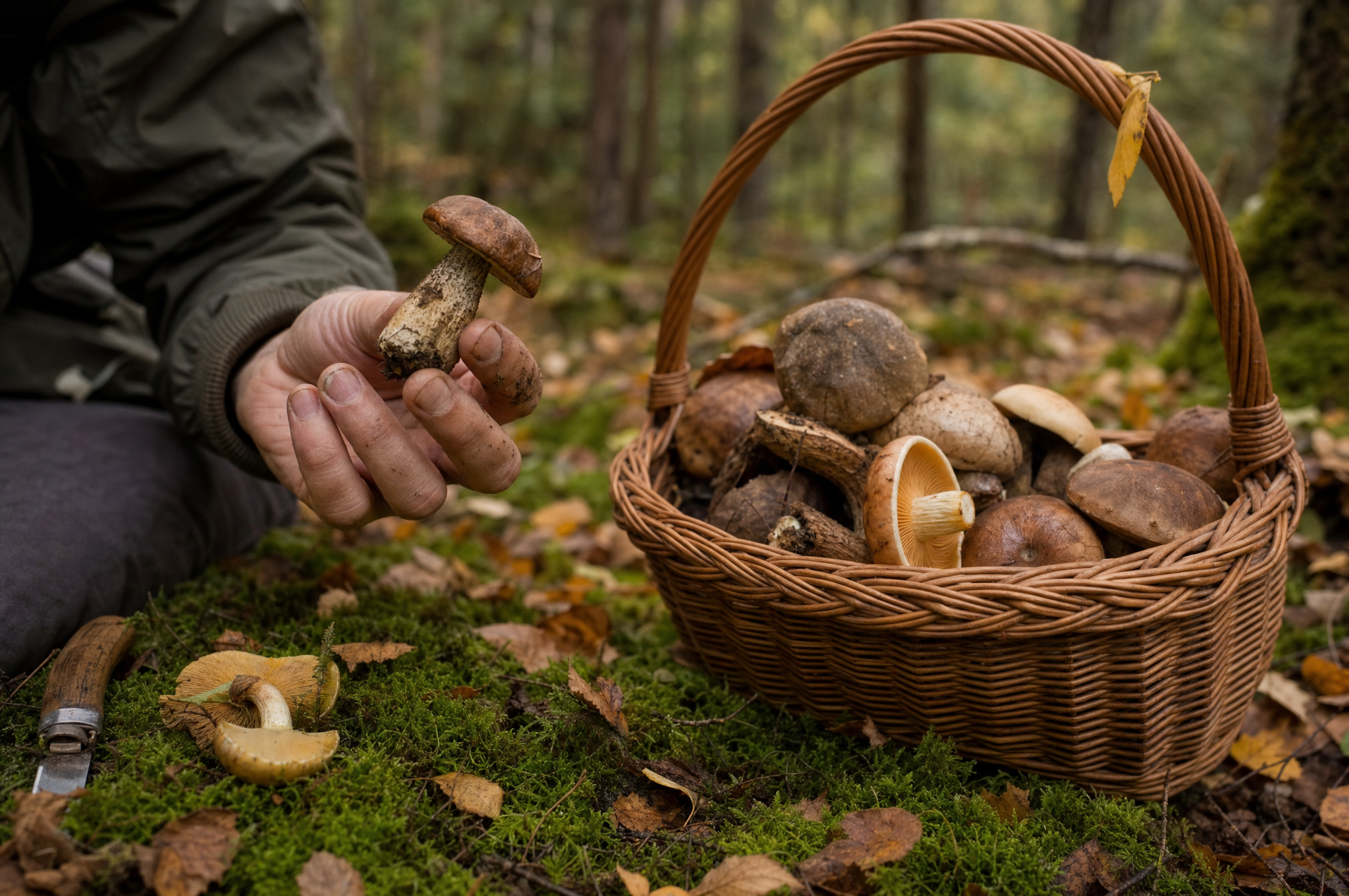 Woven basket of foraged mushrooms on a mossy forest floor