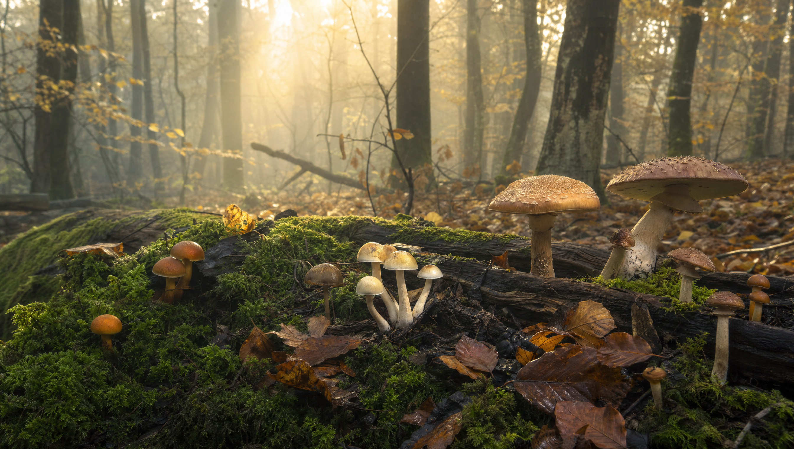 Misty forest floor at dawn with wild mushrooms growing among moss-covered logs